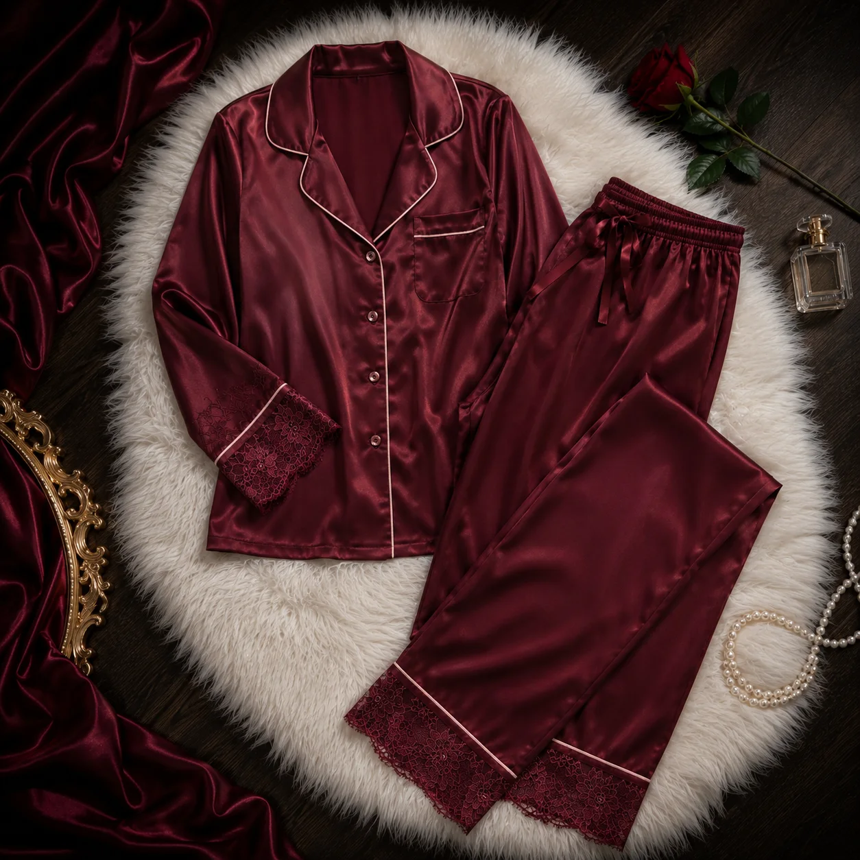 Burgundy Satin Pajama Set